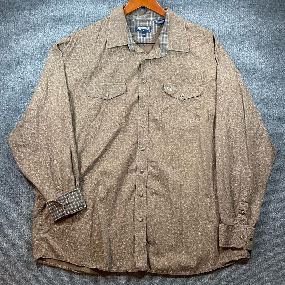 Panhandle Pearl Snap Western Shirt Men's XXLT Brown Geometric Allover Flip Cuff